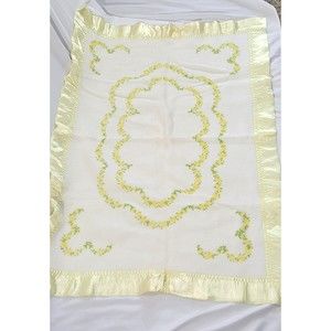 Vintage baby blanket soft wool yellow satin border and roses green leaves 46X33